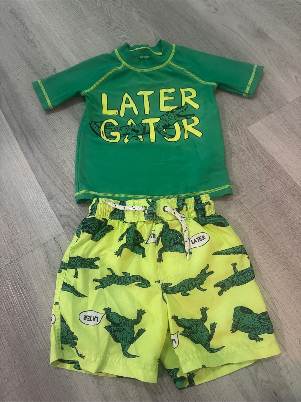Carter's 'Later Gator' Green Rash Guard & Neon Swim Trunks Set